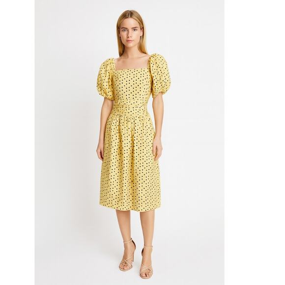 Shrimps Eden Floral Polka Silk Linen Midi Dress 2 Yellow NWT - Picture 1 of 13